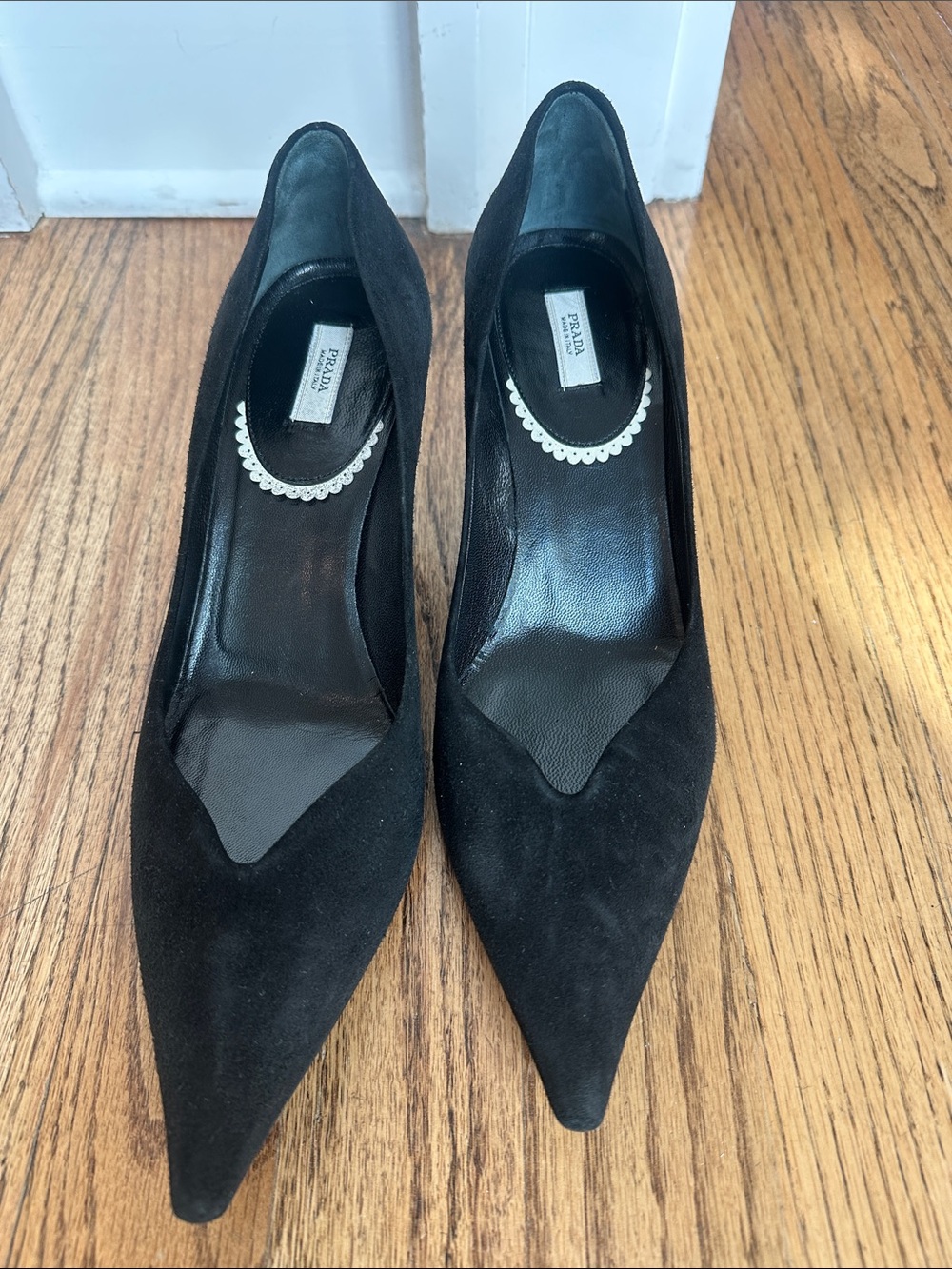 Prada Black Suede Pointed Toe with Basketweave Metal Kitten Heel
